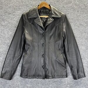 Wilsons Maxima Leather Jacket Womens Small Black Button Front Lined Pockets